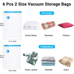 Epxee Lot de 6 sacs sous vide pour vêtements en 3 grands et 3 grands sacs de rangement sous vide avec aspirateur et pompe à main