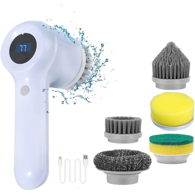 bestyks Brosse de nettoyage électrique multifonctionnelle avec affichage LED et 5 têtes de brosse Spin Power pour cuisine, salle